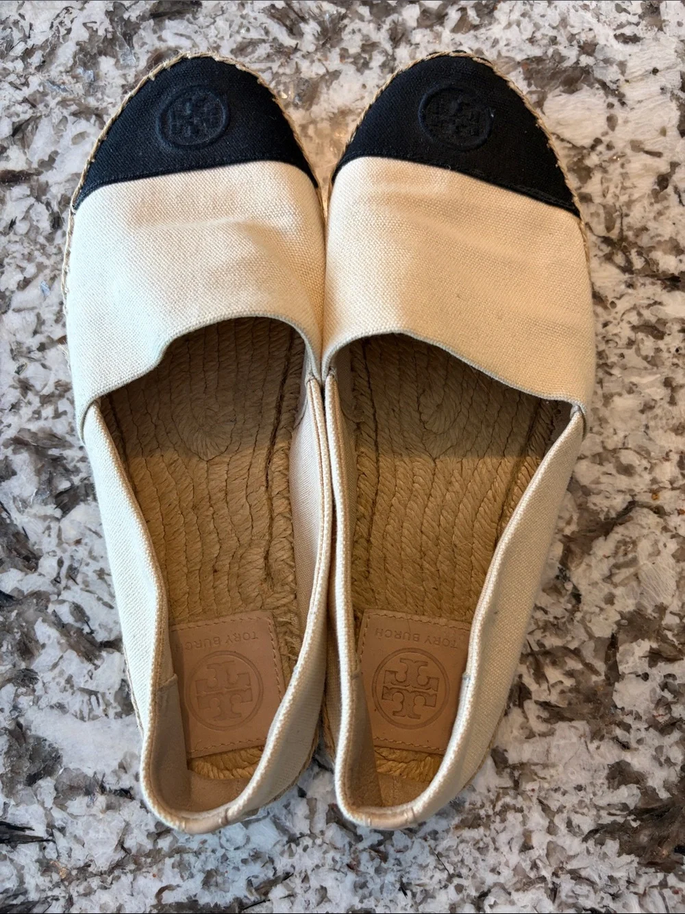 Tory Burch Cream Canvas Espadrilles with Black Toe Caps
